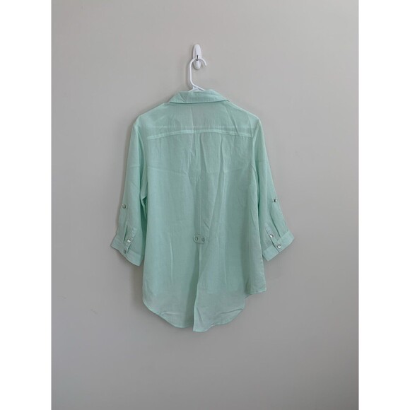 Fridaze Shirt Women’s Medium Linen Green 3/4 Sleeve Roll Tab Button Linen Blouse - Picture 5 of 7